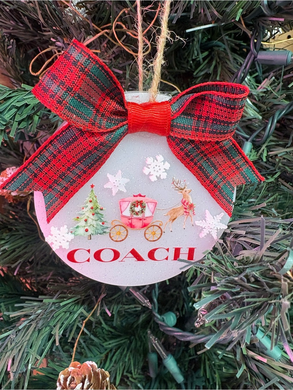 White Ornament with Red Plaid Bow